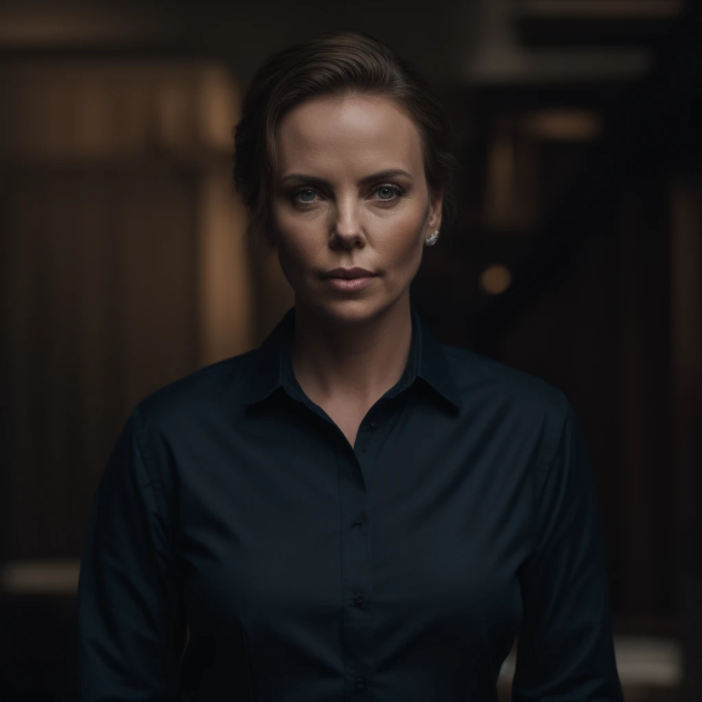 Best_QualityPos, RAW photo, intricate details, best quality, 8k uhd, soft lighting, 1girl, solo, charlize theron, black collared shirt  <lora:Charlize_Theron:0.3> <lora:LowRA:0.6>
