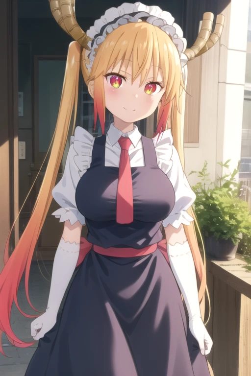 ((masterpiece)),(best quality),official art,extremely detailed CG,unity 8k wallpaper,ultra detailed,beautiful detailed eyes,extremely detailed face,1girl,solo,cowboy shot,looking at viewer,facing viewer,smile,dragon_girl,dragon_horns,maid_headdress,long_hair,twintails,blonde_hair,orange_hair,multicolored_hair,gradient_hair,hair_between_eyes,slit_pupils,orange_eyes,red_eyes,maid,red_necktie,puffy_short_sleeves,elbow_gloves,white_gloves,large_breasts,white_pantyhose,brown_footwear,<lora:Tooru(kscnm)>,