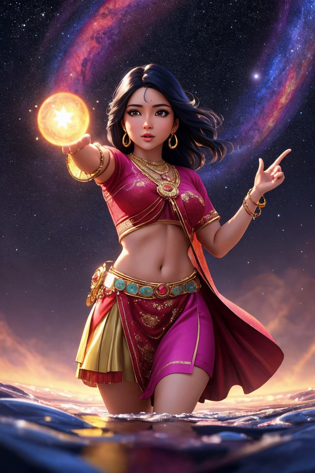 indian woman 25yo, Light brown head, pointing, Tenderness, melting into a magical puddle of stars, vibrant colors, highly detailed, digital painting, Style-Gravitymagic, artstation, concept art, smooth, sharp focus, illustration, Unreal Engine 5, 8K,, (masterpiece), (realistic), 8k, RAW photo, very wide shot, octane render, unreal engine, volumetrics dtx, (film grain, bokeh, blurry foreground)
