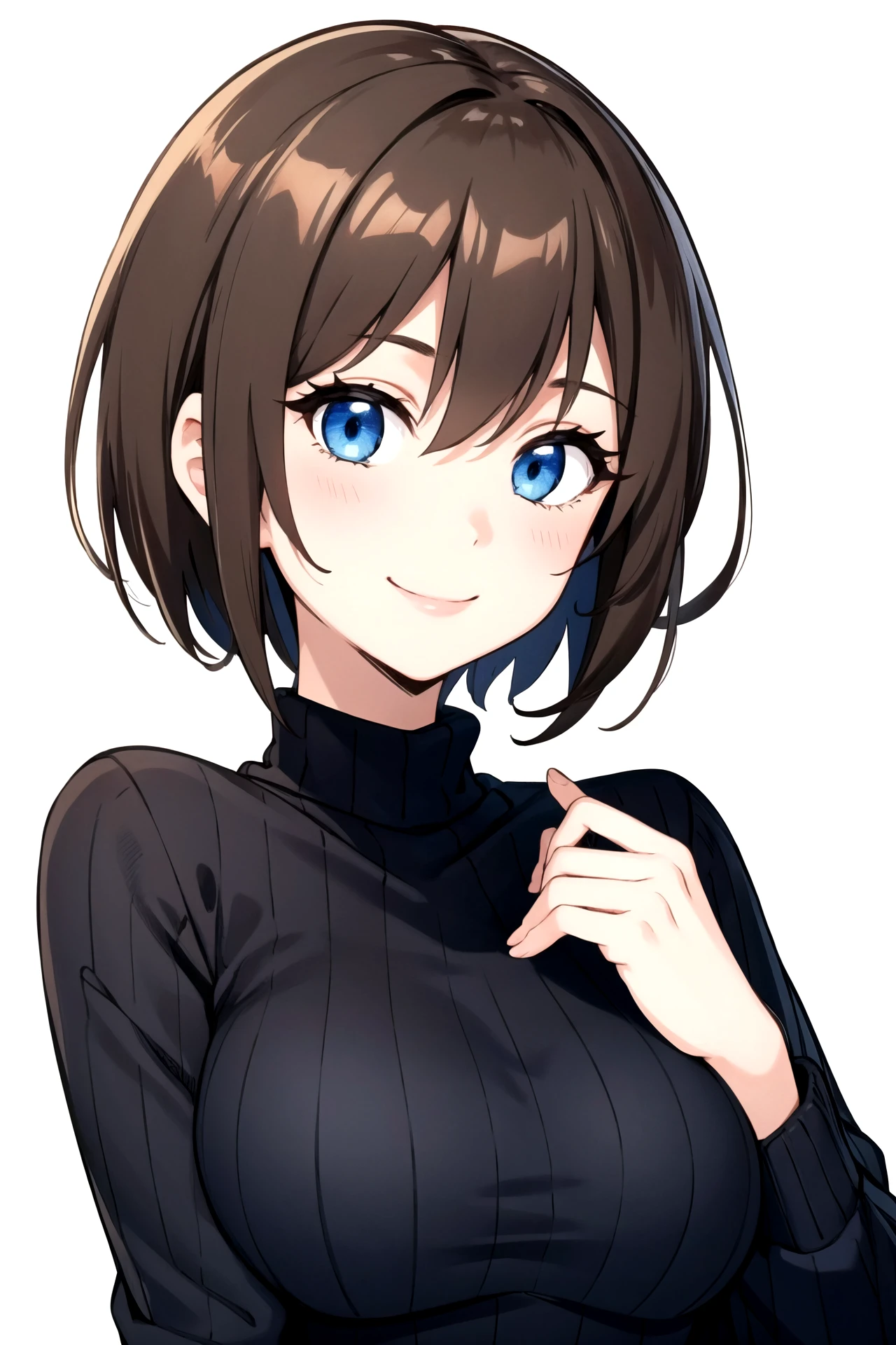 1girl, brown hair, short hair, blue eyes, smile, black sweater, medium breasts, simple background, white background,