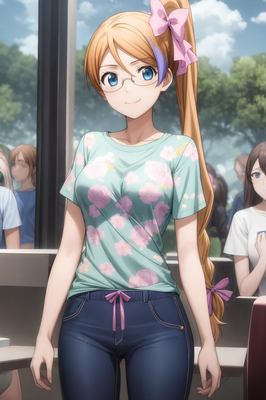 best quality, masterpiece, long hair, breasts, blue eyes, orange hair, bow, medium breasts, side ponytail, hair bow, multicolored hair, glasses, 1girl, floral print t-shirt, long pants, mix_fujimura, look at viewer, smile