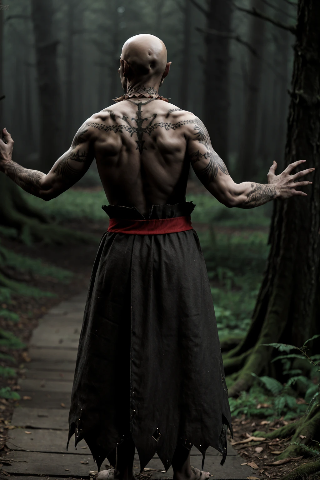 gothic style ((Full-Length Shot)),(best quality, high quality, sharp focus:1.4), monster in forest, male, bald, realistic ,masterpiece, <lora:uns33nng:.7>uns33nng. from behind . dark, mysterious, haunting, dramatic, ornate, detailed