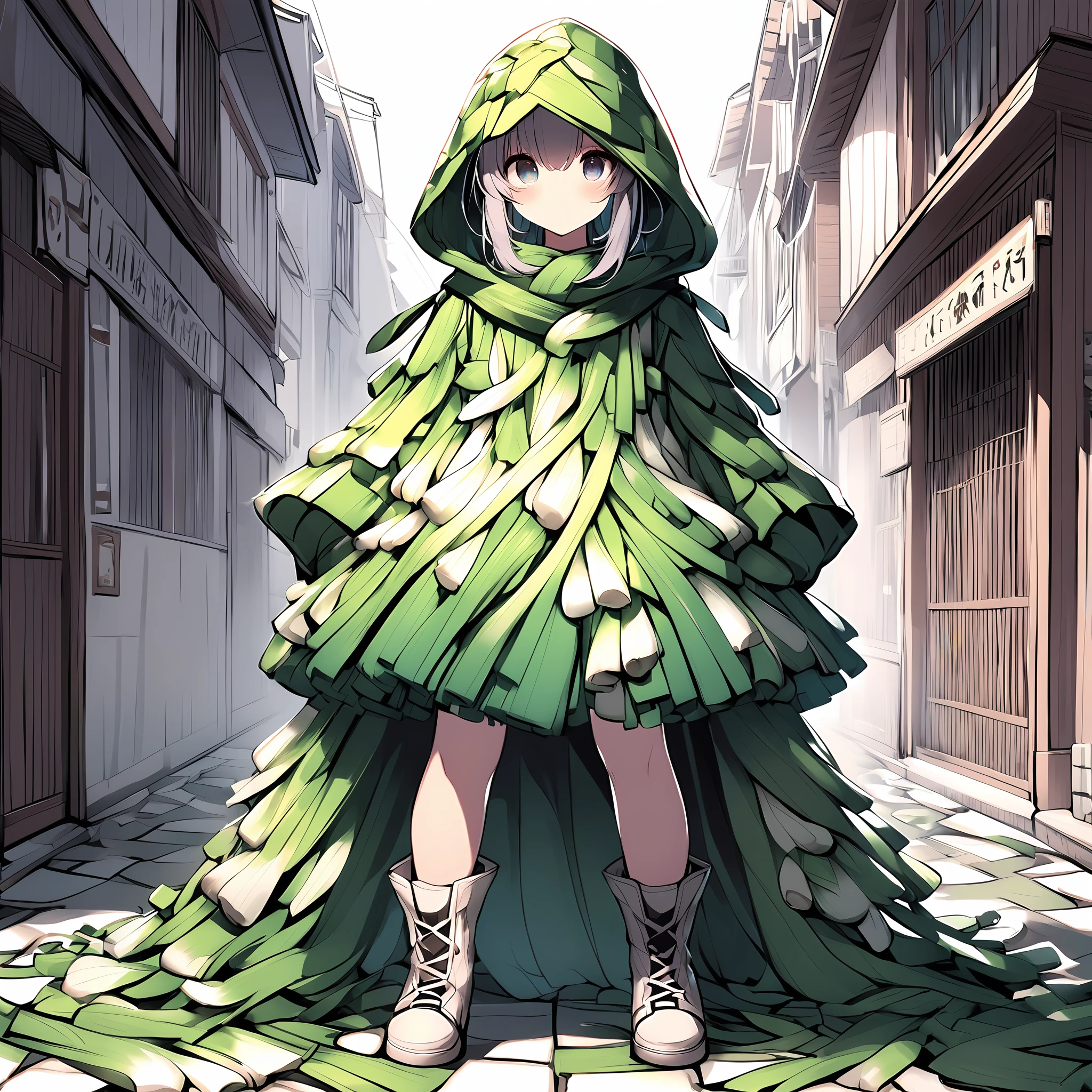 Create an anime image of a young anime girl. Her hair, eyes and skin should be light grey. She is wearing a white thick baggy long armored hooded robe with white ribbon, scarf and long boots.
Her all outfits and background should be highly detailed, delicate, messy, mix up, cluttered, jumbled, elaborate, exquisite and complicated.
1girl, solo, (hood up:1.5), <lora:negidarake_xl_v1:1>, negidarake