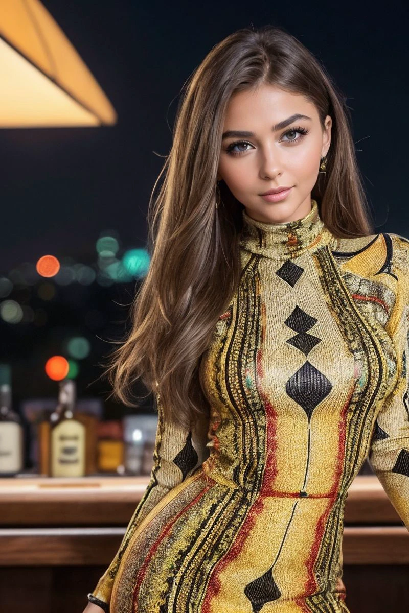 photo of S311_DaryaTaranik,an attractive woman,in a (bar:1.1),wearing a (cheese-print turtleneck-dress:1.1),(smiling),(4k, RAW photo, best quality, depth of field, ultra high res:1.1),(absurdres, intricate, photorealistic, masterpiece, ultra-detailed:1.1),