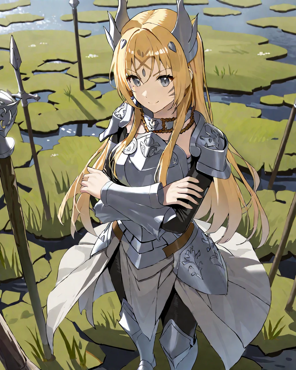 <lora:EcclesiaLoraXL:0.7>,(1girl:1.2),(solo:1.2),masterpiece,best quality,nice hands,perfect hands,long hair,slight smile,blonde hair,armor,grey eyes,facial mark,battle field background,standing on swamp,from above,