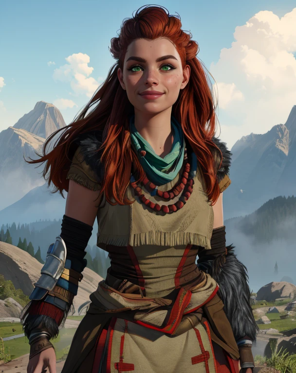 aloy,green eyes,red hair,long hair,
tribal,dress,necklace,gauntlets,
standing,smile,
outdoors,science fiction,
(insanely detailed, masterpiece, best quality),solo,<lora:aloy-10HFWv8:0.7>,