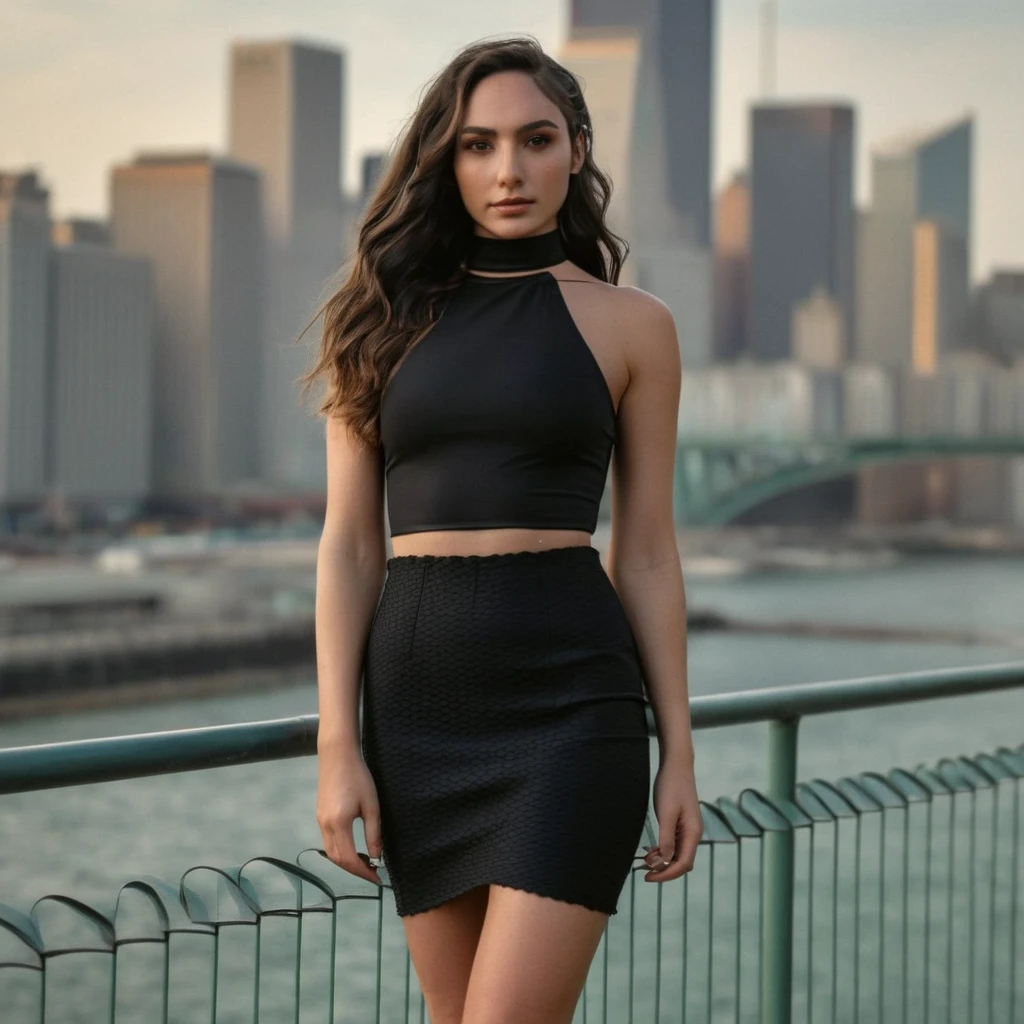 (looking straight ahead at the camera),(Skin Texture, pores, natural,iPhone,RAW)), natural lighting,Full body photo of a woman wearing a tight pencildress and skirt with long wavy hair ,black thin choker, Nikon Z9, realistic matte skin, blurry city in the background, 8K, symmetric, whole face, <lora:galgadot_xl_1_standard-000079:1>