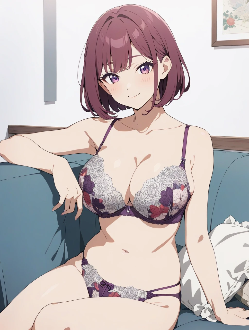 1girl, smile, closed mouth,<lora:bra_embellishments_enhancer_XL_v01a:1> bra, lace-trimmed bra,( lace bra:1.1), underwear only,purple bra,panties, bob cut, newest ,anime coloring, floral print,large breasts, sitting,