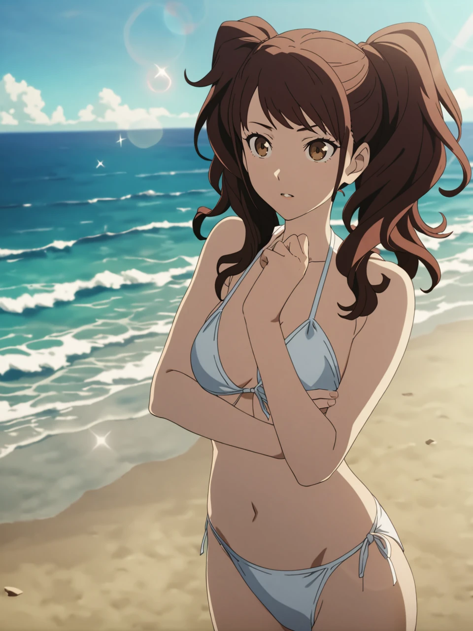 dsrise, brown hair, long hair, twintails, brown eyes, bikini, 1girl, solo
BREAK
standing, cowboy shot, sandy beach, day, ocean, lens flare, cinematic, game cg, anime screencap, official art, masterpiece, best quality
<lora:dsrise_a3b:1>