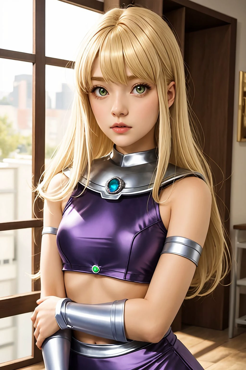 1girl, ash blonde hair, gold eyes, <lora:Starfire Costume_v1:1> starfire costume, upper body