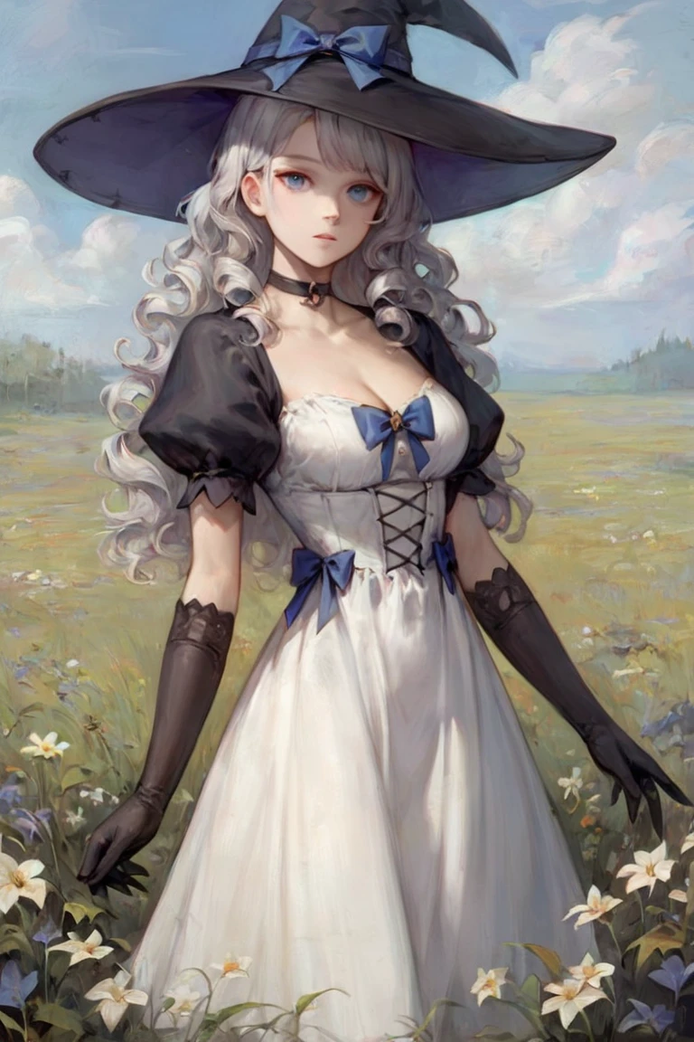 score_9, score_8_up, score_7_up, 1girl, witch hat, hat, solo, long hair, flower, dress, choker, puffy sleeves, looking at viewer, grass, white dress, bow, hat bow, white hair, black choker, plant, outdoors, blue eyes, purple eyes, black headwear, bangs, long sleeves, gloves, witch, blue bow, wavy hair, short sleeves, puffy short sleeves, elbow gloves, black gloves, standing, field, grey hair, sky, purple bow, breasts, curly hair, parted lips, expressionless, cowboy shot, closed mouth, leaf <lora:Oil Gothic Painting Style SDXL_LoRA_Pony Diffusion V6:1>