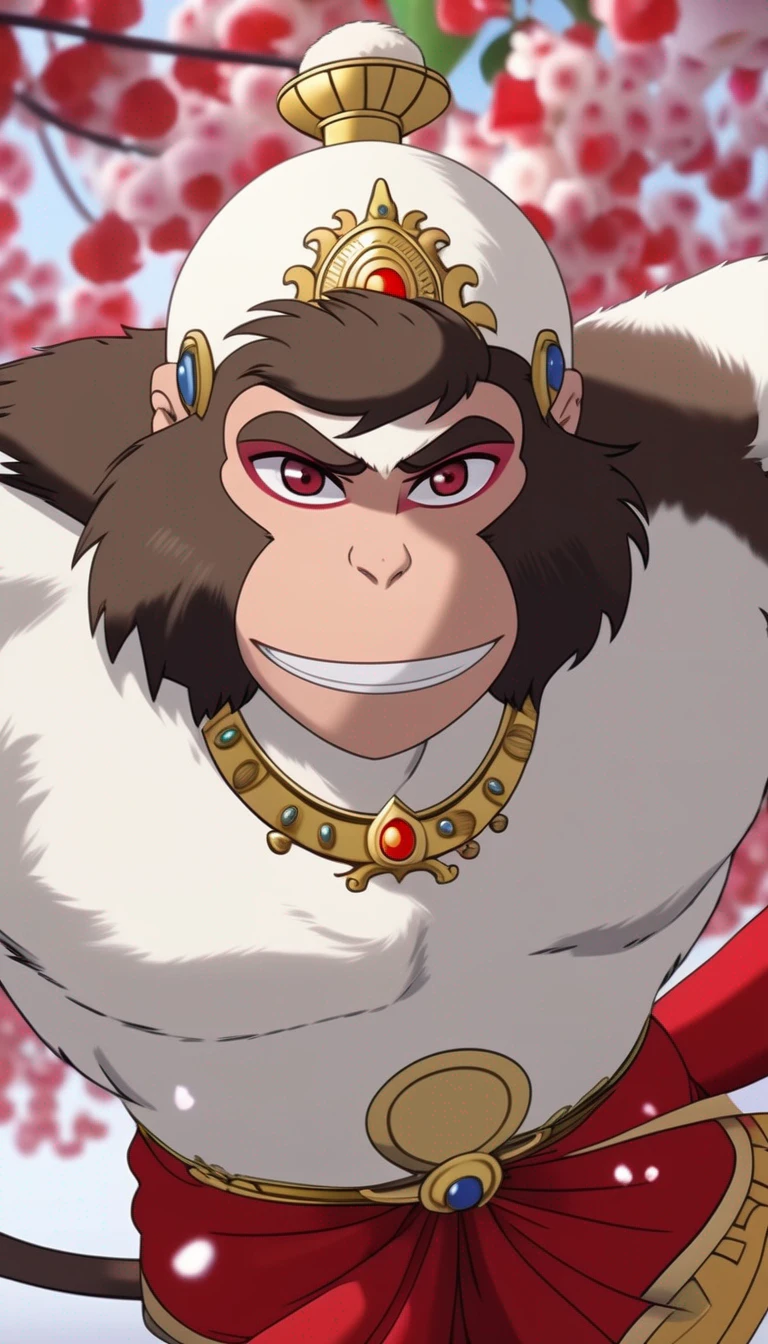 H8NUM8N, anime style, full body, wide angle, brown hair with smile, golden crown, monkey face, (happy:1.5), white furry body, red cloth, bloom, ambient occlusion, sun, beautiful detailed eyes, masterpiece, glowing flowers behind, light particles, bokeh, depth of field, 8k, highly detailed