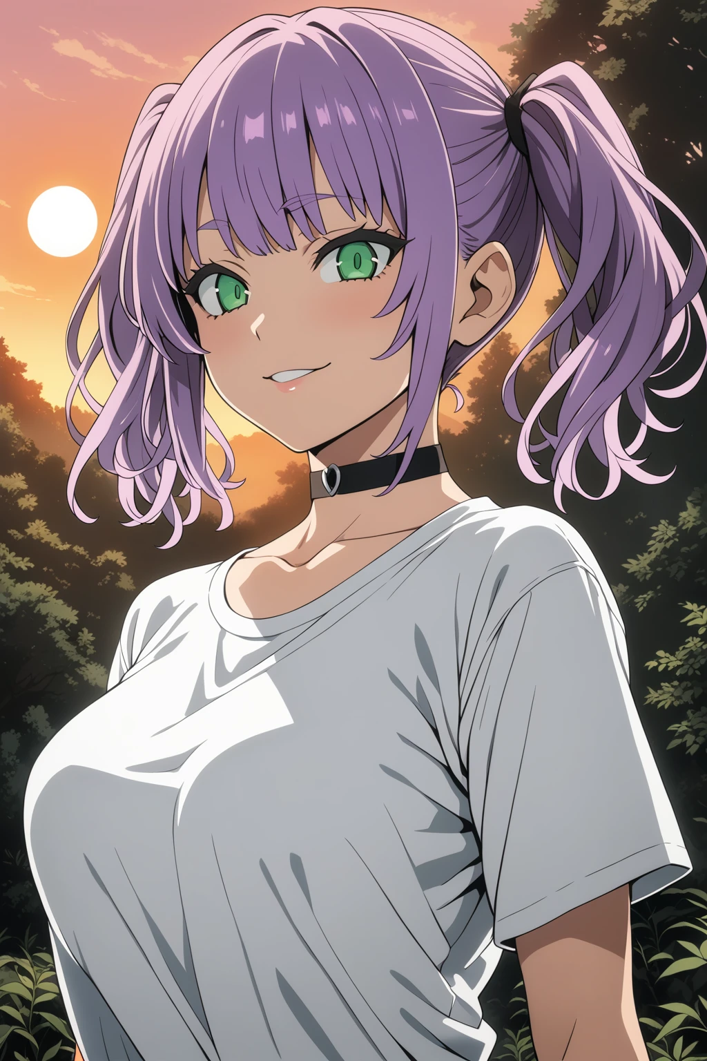 1girl, solo,
short hair, purple hair, green eyes, twintails, large breasts, white t-shirt, choker, seductive smile, 
forest, sunset, anime coloring, asanagi, 
masterpiece, best quality,