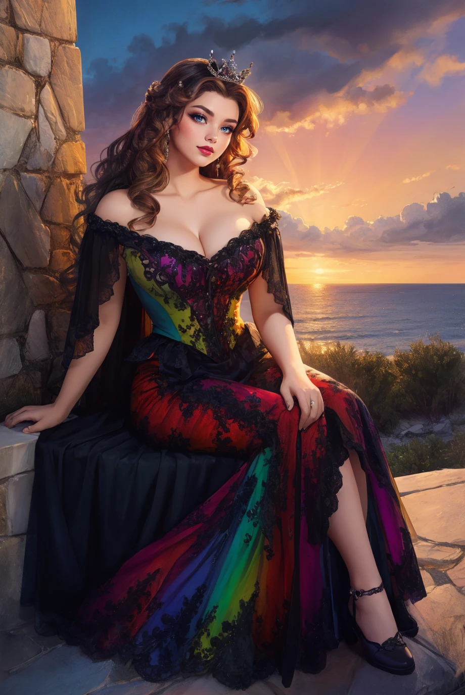 (Cowboy shot:1.1), woman, (sitting_on_shoulder:1.3), realistic, Adult, curvy, looking at viewer, (full body photo:1.3), (black long wavy hair:1.1), b34uty_g0wn_3,long multi colored gradient gown, lace, puffy underskirt, off shoulder, tiara, <lora:b34uty_g0wn_3-15:0.6>, best quality, high detail, high quality, high res, 4k,eyeliner, pouty lips, detailed skin texture, (blush:0.5), sunset background, smiling, vintage photo, Gibson Girl, <lora:vintage:0.7>