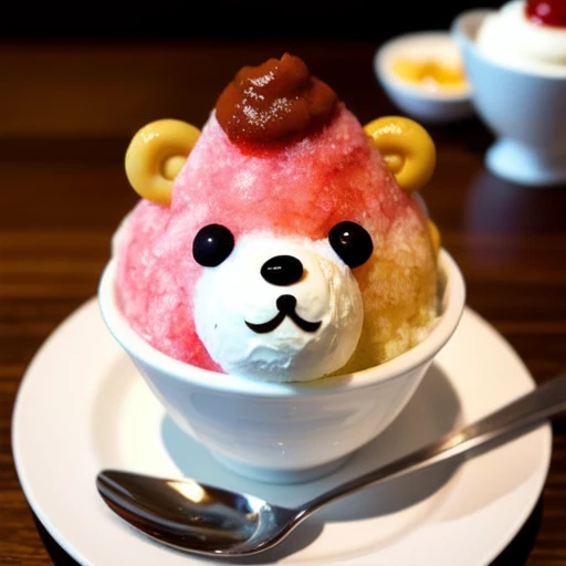 <lora:shaved_ice_v1:0.5>, food, cup, pokemon (creature), no humans, fruit, depth of field, blurry background, animal, table, reflection, bowl, realistic, ice cream, animal focus, cherry, solid circle eyes, bear, food focus, pudding, still life, shaved ice, faux traditional media, dessert, in food, omurice, ketchup, napkin, polar bear, food art, ANKG