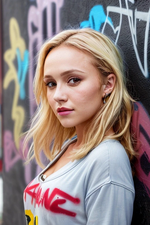 H@ydenp@n, woman, in front of a wall with graffiti, wearing casual clothes, fall vibes, blushed, looking at the camera,crimson lips, close up, colorful scene, focus on face, professional photography, ultra sharp focus, tetradic colors