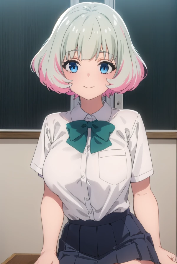 hibikimorishima, <lora:hibiki morishima s1-lora-nochekaiser:1>,
hibiki morishima, short hair, bangs, blue eyes, grey hair, pink hair, multicolored hair, two-tone hair, smile,
BREAK skirt, shirt, thighhighs, bow, school uniform, white shirt, short sleeves, pleated skirt, collared shirt, bowtie, white thighhighs, green bow, pocket, brown skirt, shirt tucked in, breast pocket, green bowtie,
BREAK indoors, classroom,
BREAK looking at viewer, (cowboy shot:1.5),
BREAK <lyco:GoodHands-beta2:1>, (masterpiece:1.2), best quality, high resolution, unity 8k wallpaper, (illustration:0.8), (beautiful detailed eyes:1.6), extremely detailed face, perfect lighting, extremely detailed CG, (perfect hands, perfect anatomy),