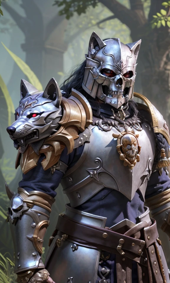 epicpauldrons2024, best quality, masterpiece, raw photo, depth of field, looking at viewer, magical, fantasy, 5 fingers, depth of field, large gauntlets, magical armor, full body, black hair, helmet, skull knight, red eyes, wolf pauldrons,
