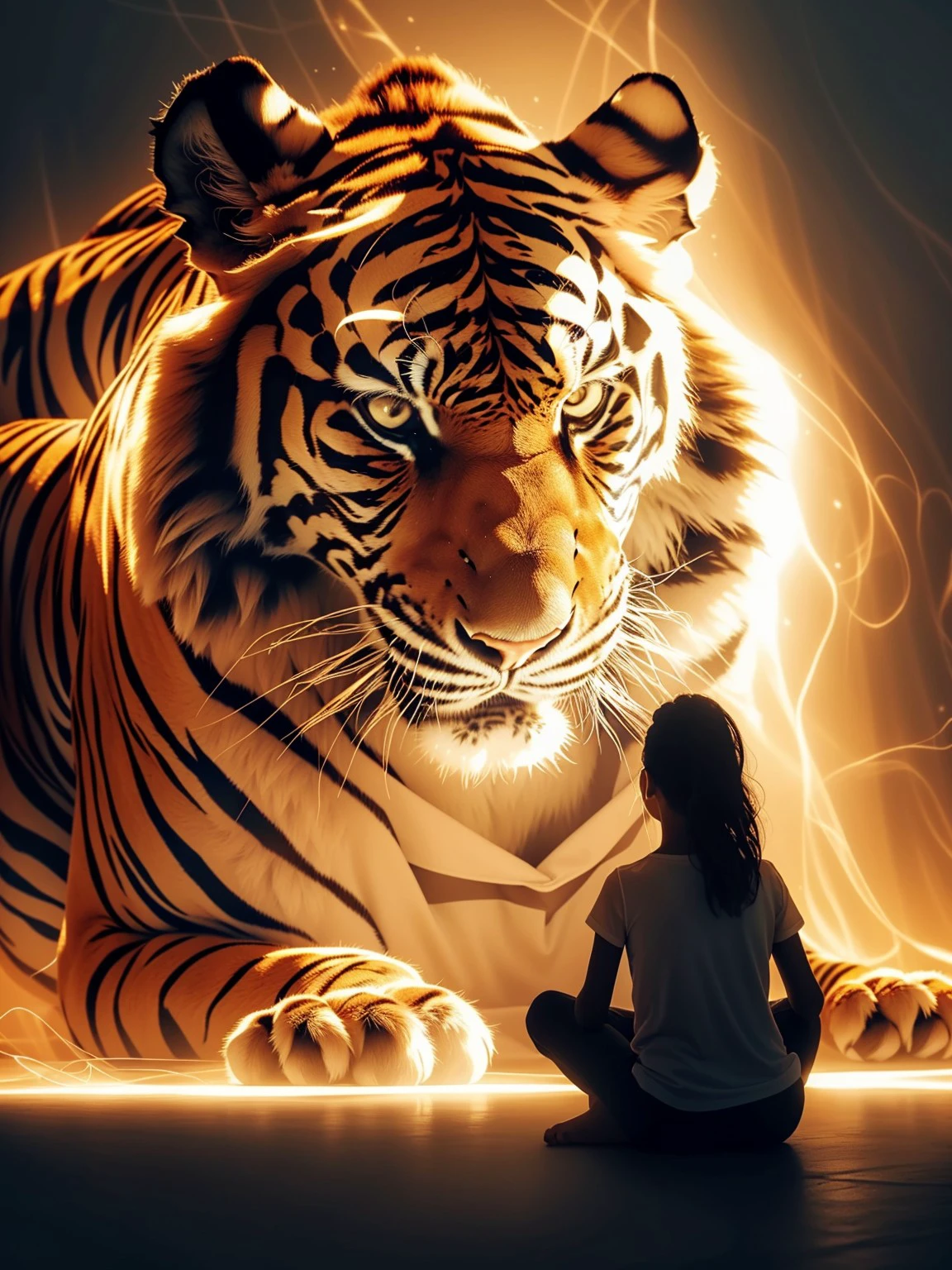 masterpiece, high quality, a girl sitting by herself in front of a big tiger, guardian,  <lora:guardian:0.8>