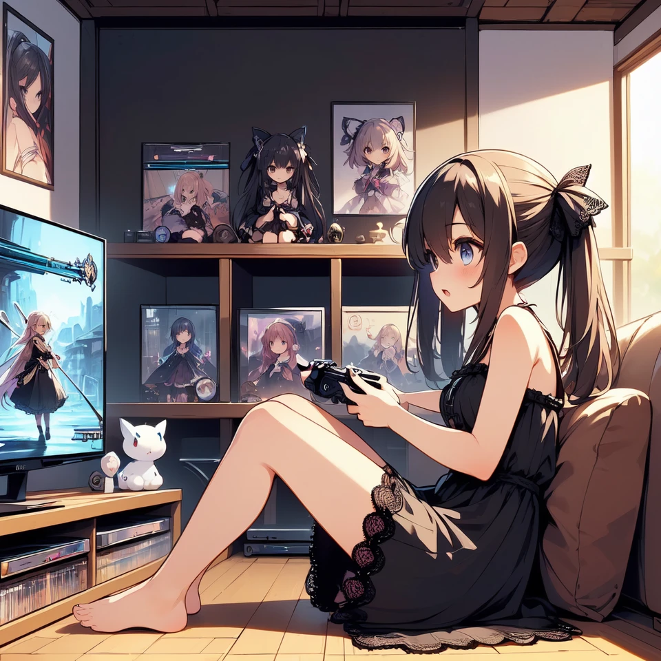 (((masterpiece))), (((best quality))), (((from side))), (((playing videogame))), ((RPG game interface on TV)), manga bookcase, playstation, solo, ((1girl sitting sofa)), shy, blush, open mouth, big tits, ribbon, brown twintails, ((black lace dress)), petite figure proportion, (bare feet), ((CD)), ((dolls)), ((food on table)), (((poster))), window, wooden floor, <lora:girllikevideogame:1>