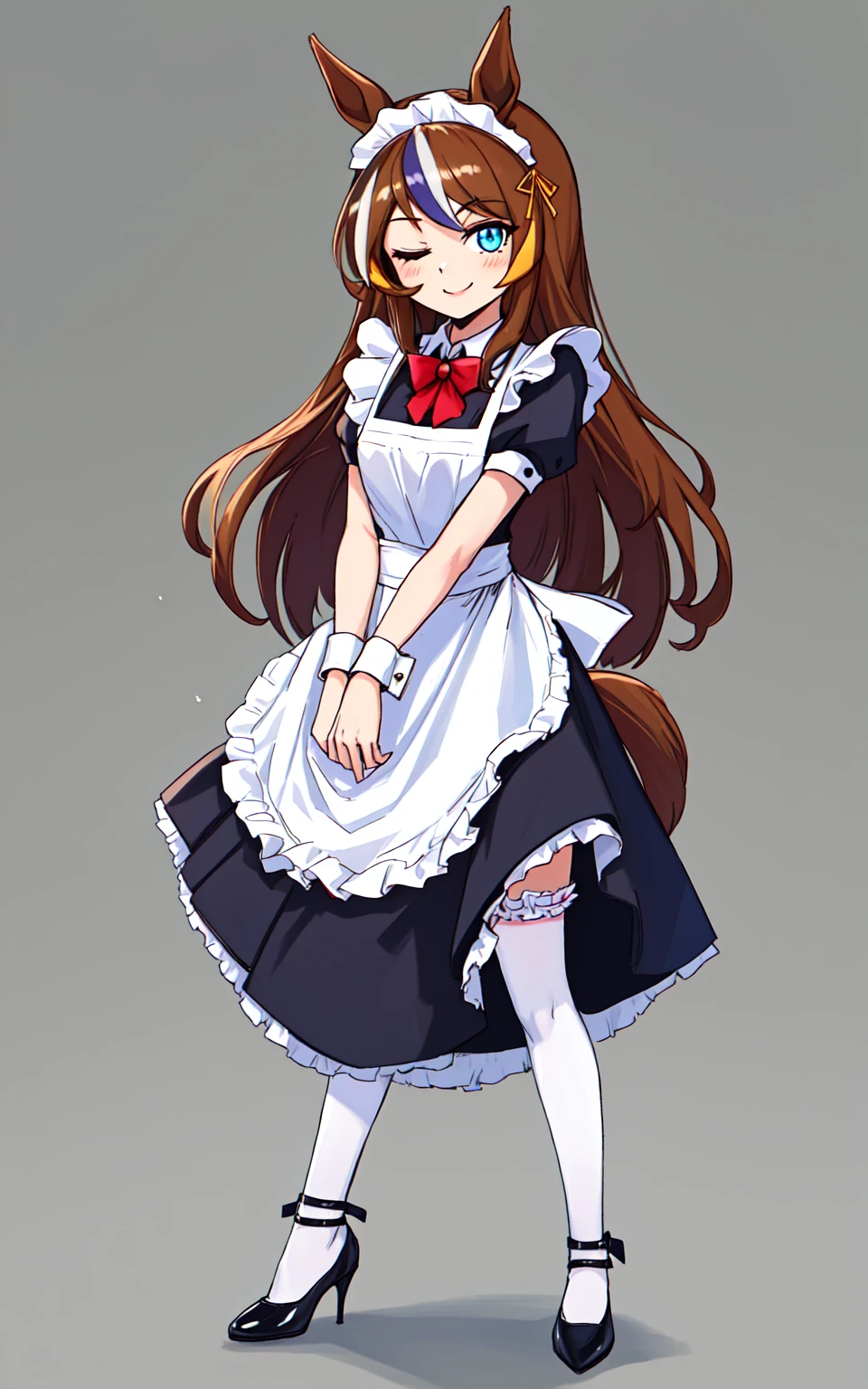 1girl, tokai_teio_(umamusume), maid, solo, smile, one_eye_closed, blue_eyes, long_hair, brown_hair, streaked_hair, horse_ears, horse_tail, wrist_cuffs, maid_apron, maid_headdress, apron, black_skirt, skirt small_breasts, arm_garter, frills, center_frills, high_heels, white_legwear, index_finger_raised, full_body, simple_background,best quality,amazing quality,very aesthetic,absurdres,