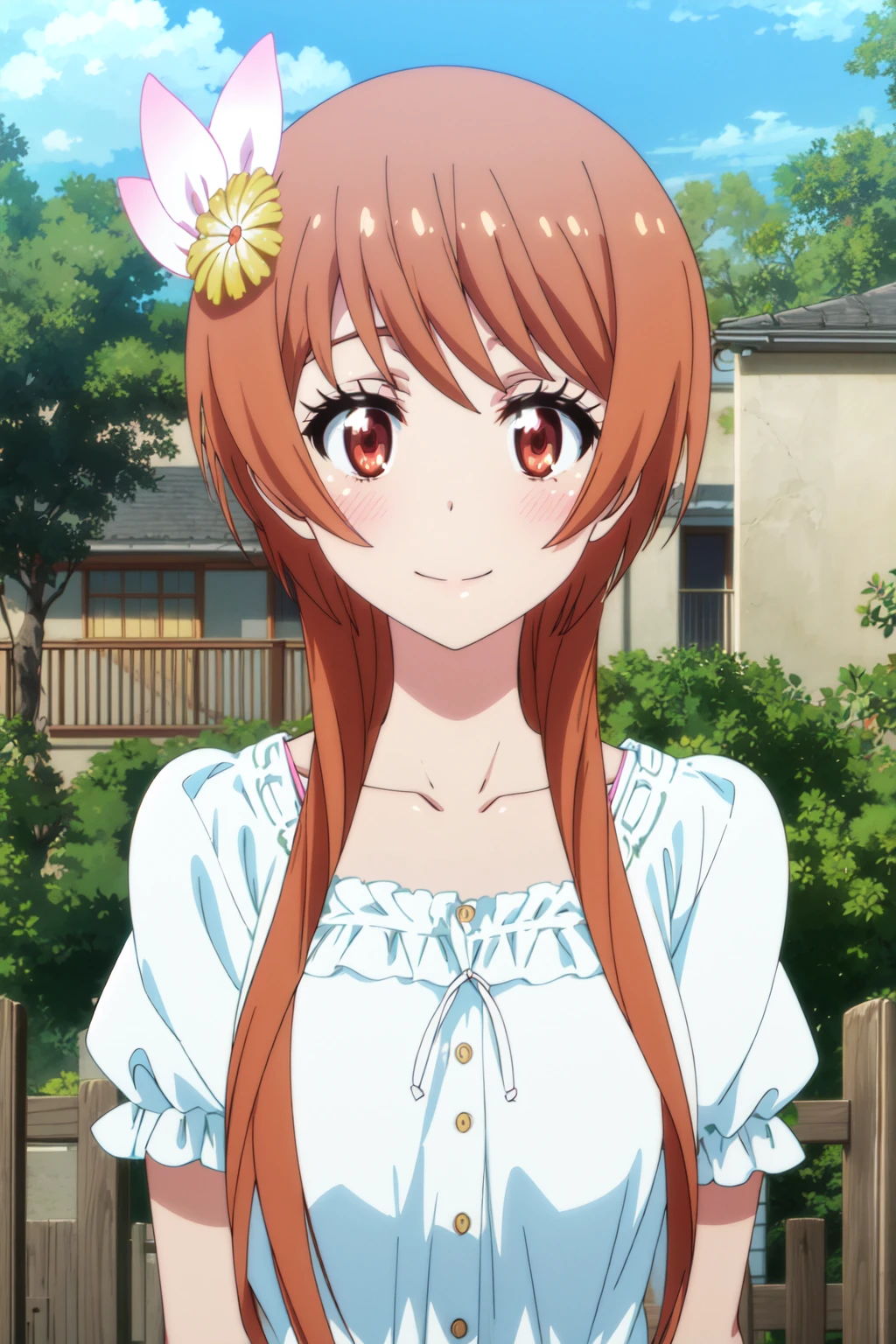 <lora:anime_screencap_v2:0.3> tall body, tall, long legs, mature female, mature, adult, <lora:GoodHands-beta2:1.4>
<lora:eft_nisekoi_orange-02:1>, eft_nisekoi_orange, 1girl, solo, hair ornament, flower, hair flower, smile, sky, long hair, outdoors, upper body, brown hair, red eyes, collarbone, brown eyes, orange hair, sidelocks