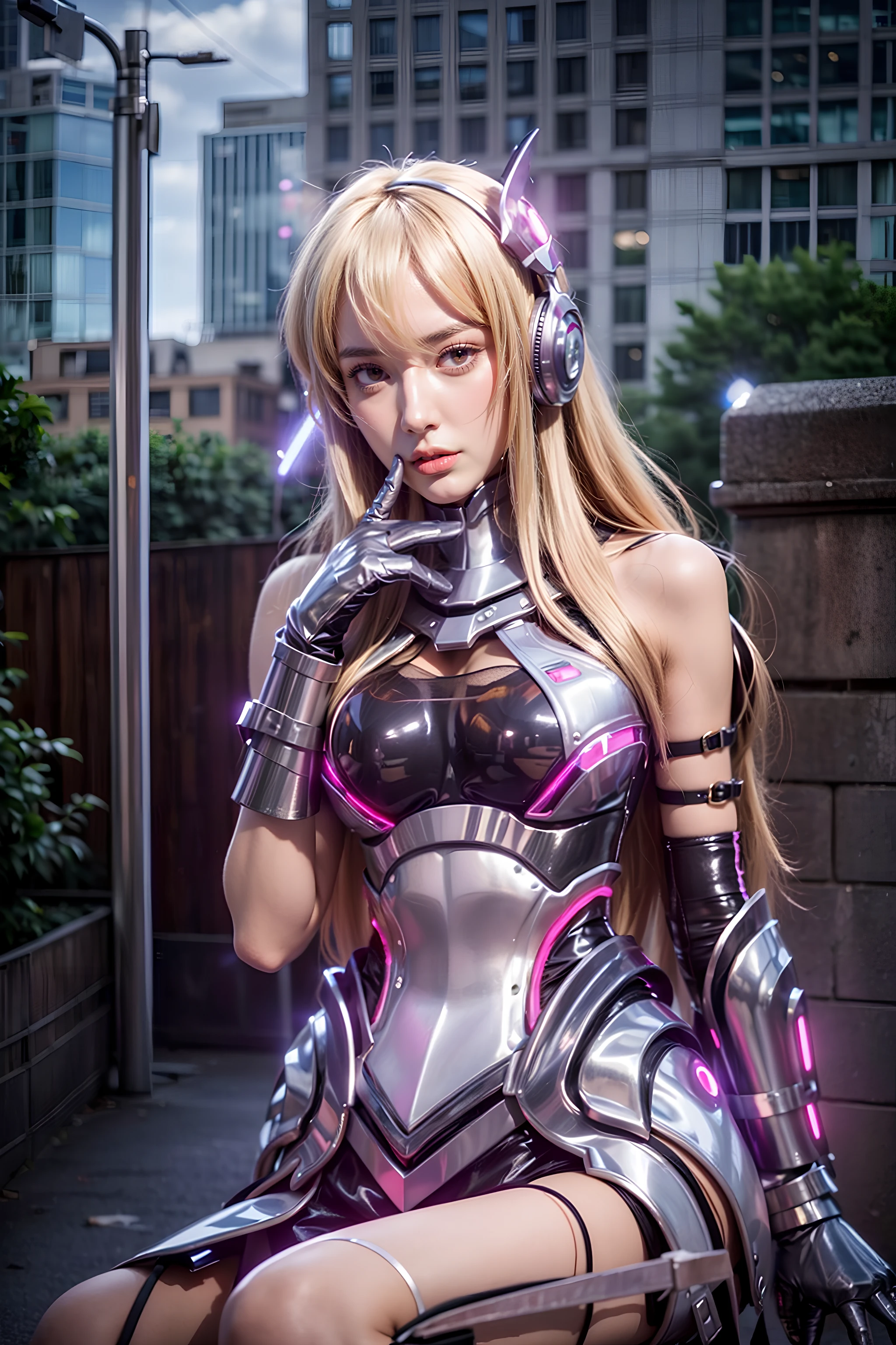 lauriel_apw, 1girl, solo, long hair, breasts, looking at viewer, blonde hair, simple background, thighhighs, gloves, bare shoulders, breasts, large breasts, standing, purple eyes, elbow gloves, armor, bodysuit, headgear, headphones, gauntlets, boots, high heels, armored boots, pink eyes, neon trim, hair between eyes, closed mouth, dress, thighhighs, black thighhighs, see-through, bangs, platform footwear, breastplate, realistic, eyelashes, pelvic curtain, outdoors, sky, building, scenery, city, ruins, lamppost, (masterpiece),((ultra-detailed)), (highly detailed CG illustration),(expressionless), (best quality:1.2), <lora:add_detail:1>, (Realistic:2)