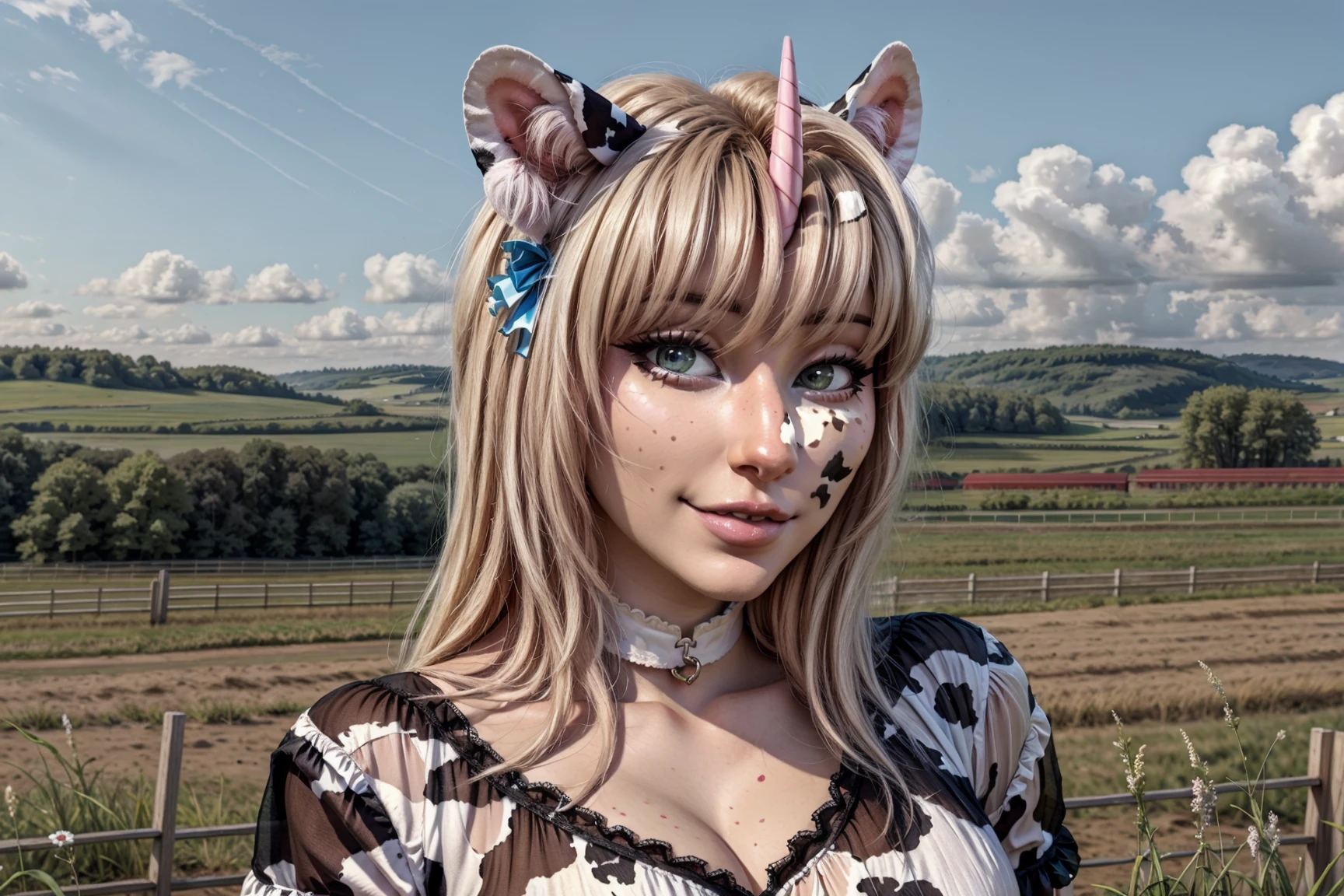 (not_furry:1.3), (human_focus:1.2), (close-up:1.2), female, bimbofication, (girly:1.2), unicorn_horn, dog_ears, animal_ears, small_breasts, (lolita_\(fashion\):1), (frilly|socks:1.1), lace, (cow_print:1.2), farm, outside, (fantasy:1.3), (magic:_the_gathering:1), official_art, realistic, (digital_painting_\(artwork\):1.1), masterpiece, <lora:dogcore:0.5>
