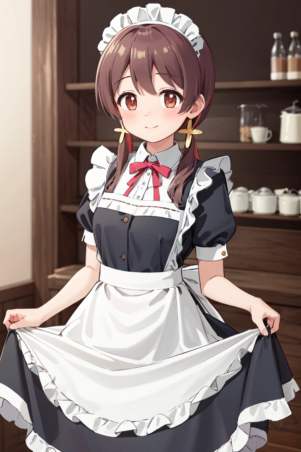 masterpiece,best quality,highres,ultra-detailed,murosaki miyo,long hair,low twintails,bangs,hair flower,<lora:murosaki_miyo:0.7>,indoors,cafe,maid,maid headdress,apron,(skirt hold:1.2),standing,cowboy shot,smile,