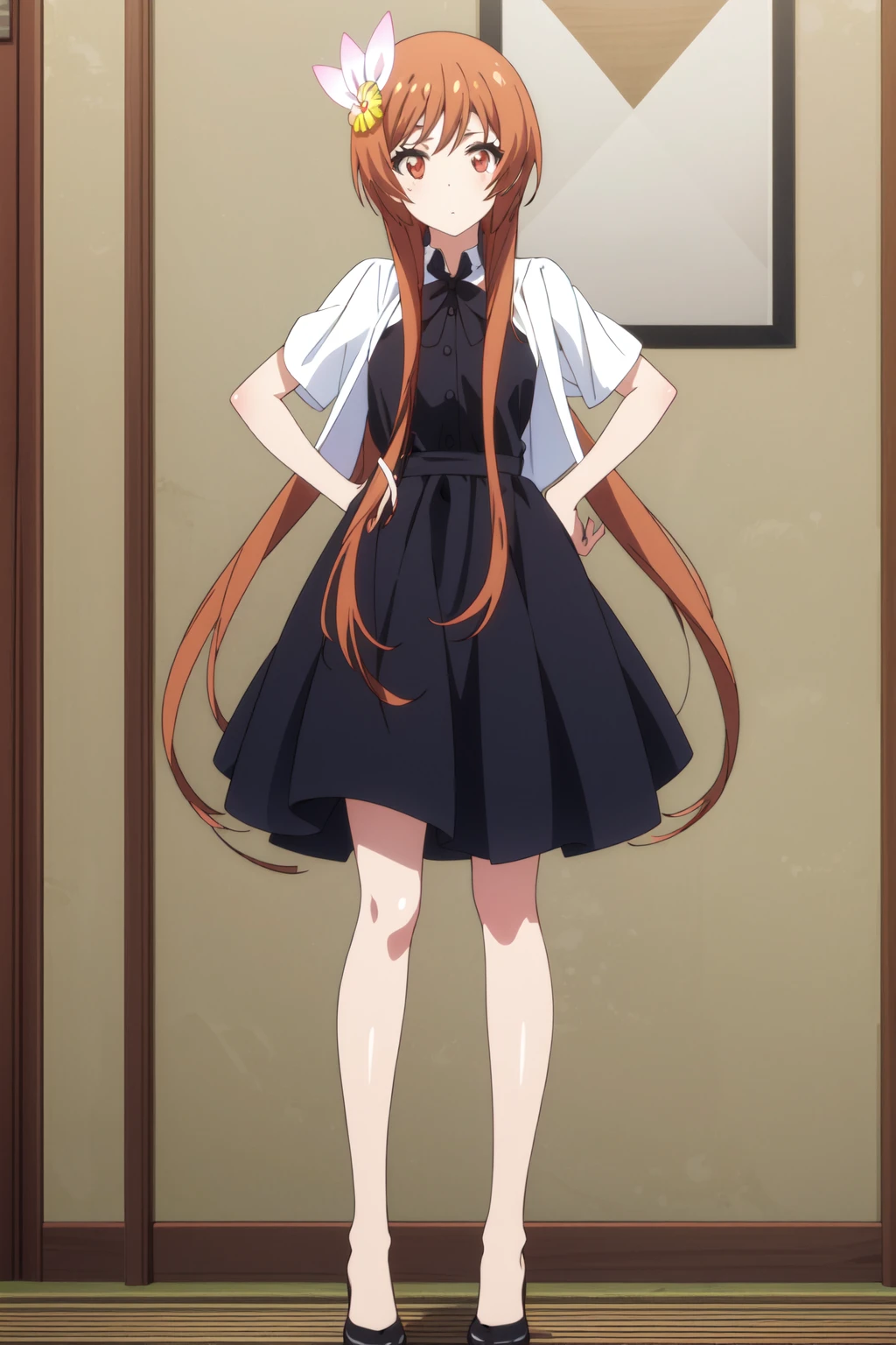 <lora:anime_screencap_v2:0.3> tall body, tall, long legs, mature female, mature, adult, <lora:GoodHands-beta2:1.4>
<lora:eft_nisekoi_orange-02:1>, eft_nisekoi_orange, 1girl, hair ornament, flower, hair flower, long hair, brown hair, solo, brown eyes, looking at viewer, short hair with long locks, red eyes