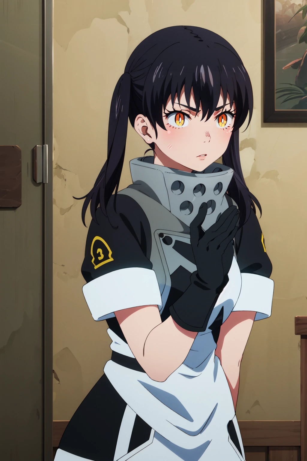 <lora:anime_screencap_v2:0.3> tall body, tall, long legs, mature female, mature, adult, <lora:GoodHands-beta2:1.4>,
<lora:eft_ff_tamaki:1> , eft_FireForce_Tamaki, 1girl, solo, gloves, black hair, long hair, black gloves, yellow eyes, upper body, bangs, frown, blush, twintails, closed mouth, indoors