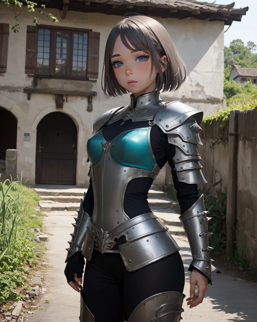 best quality,masterpiece,highly detailed,ultra-detailed, <lora:neg4all_bdsqlsz_V3.5:-1>,1girl,   <lora:cartoonisationer-21st_ce:1.75>, medieval,1girl,(Jousting armor),An armor made of heavily reinforced plate armor for jousting,Adequate breasts ,,  narrow waist, Spiky Mohawk - Neon Blue    , fantastic details full face, dot nose,detailed Clockwork eyes, jade green iris, curved eyebrows, dark teal beautiful Detailed Eyes,    lips at  (Villages:1.3), Small settlements where common folk live, each with its own charm and character,