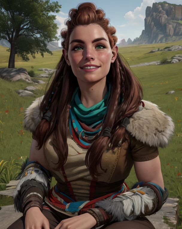 beautiful detailed eyes, beautiful detailed lips, extremely detailed eyes and face, long eyelashes, 1girl, cosplay, Kim Possible cosplays as Aloy from Horizon games, intricate detailed costume, high quality 3D render, cinematic lighting, photorealistic, hyper detailed, vibrant colors, warm lighting, dramatic pose, dynamic action, epic fantasy, human anatomy, no bra
