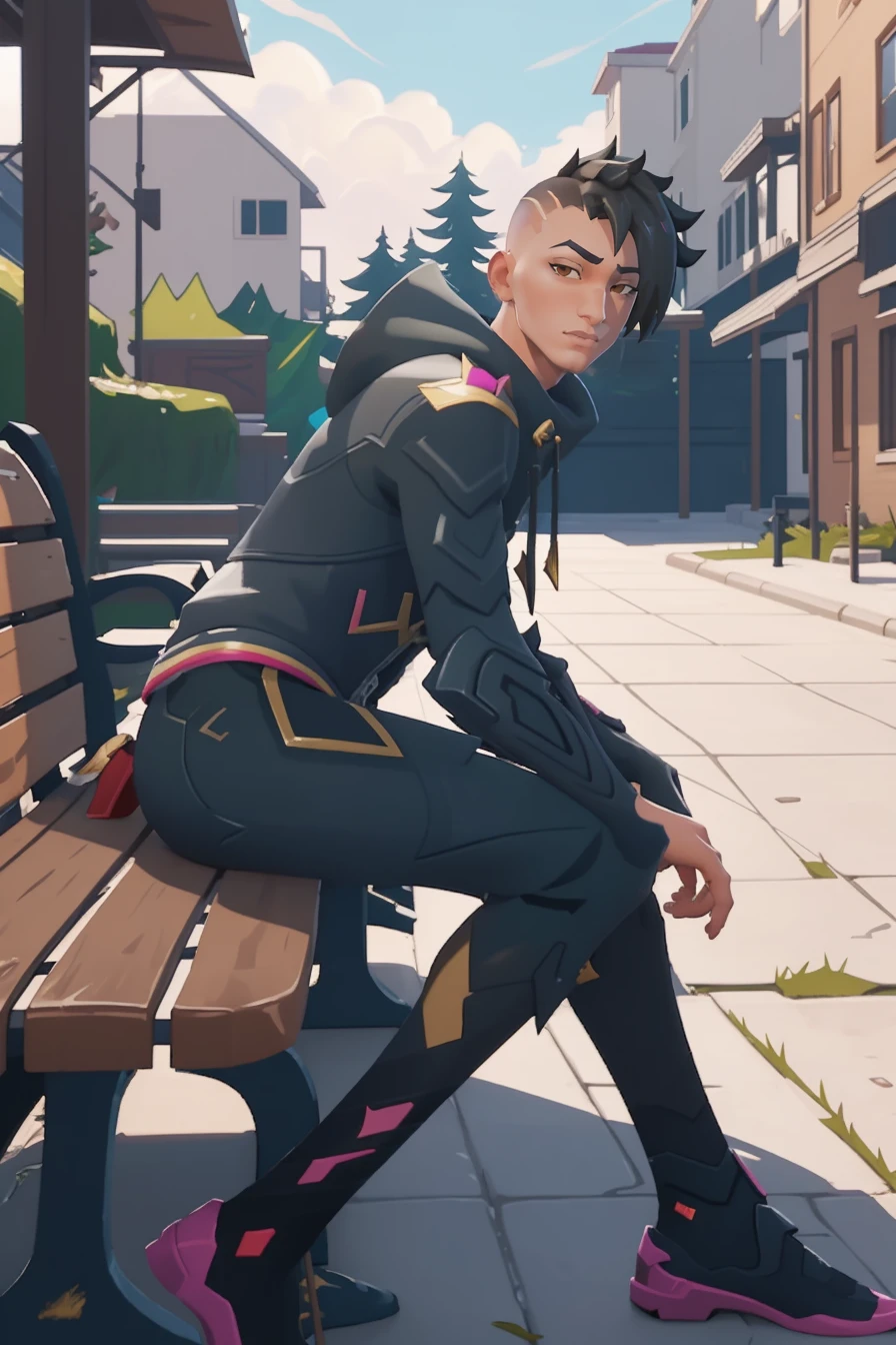 stray \(fortnite\), black hair, short hair, undercut, mohawk, looking at viewer, outdoors, bench, pants  <lora:StrayFortnite:1>, Masterpiece, best quality