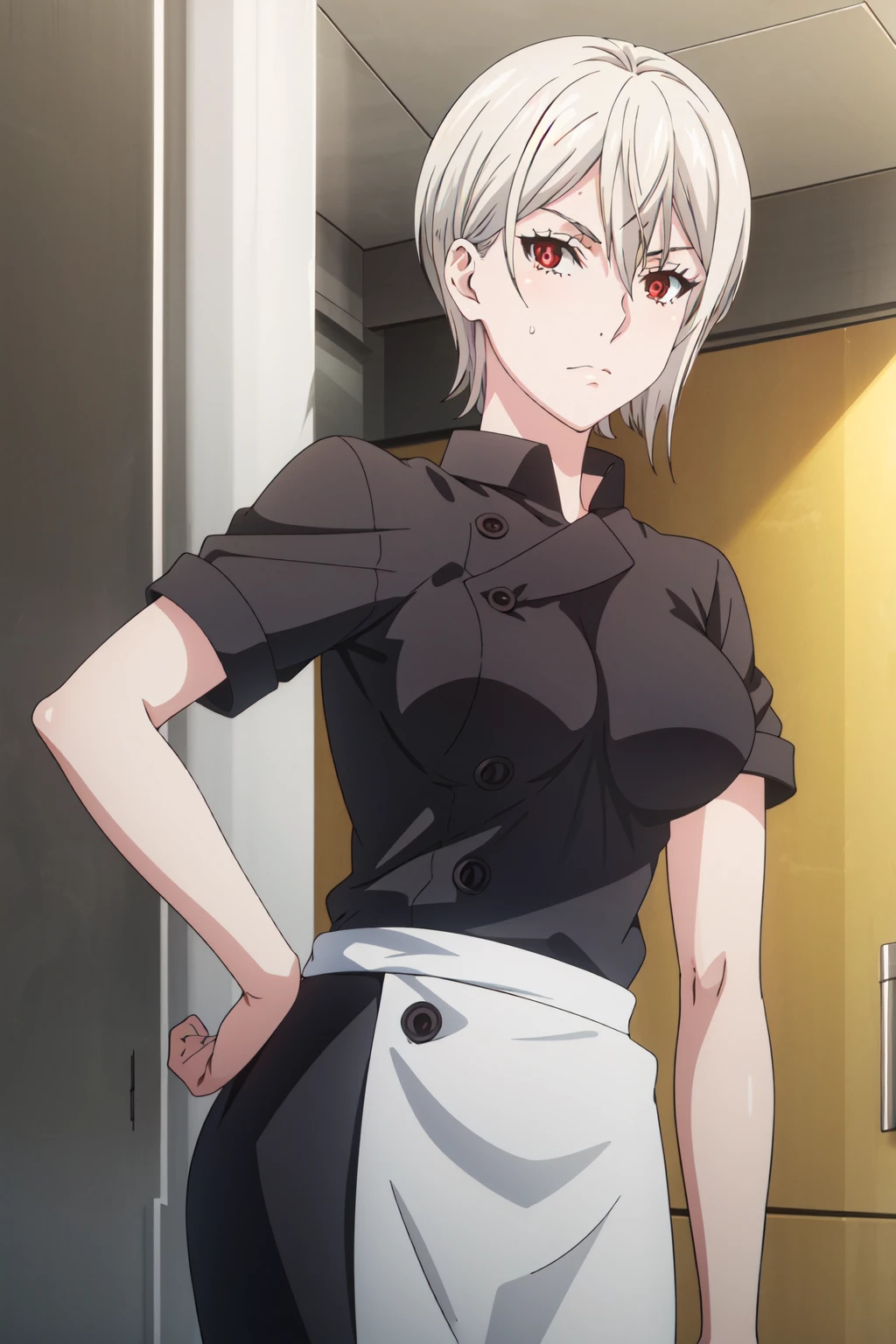 <lora:anime_screencap_v2:0.3> tall body, tall, long legs, mature female, mature, adult, <lora:GoodHands-beta2:1.4>,
 <lora:eft_foodwars_alice-02:0.9> EFT_Foodwars_Alice, 1girl, solo, red eyes, short hair, breasts, looking at viewer, chef, medium breasts, upper body, hair between eyes, closed mouth, white hair, buttons