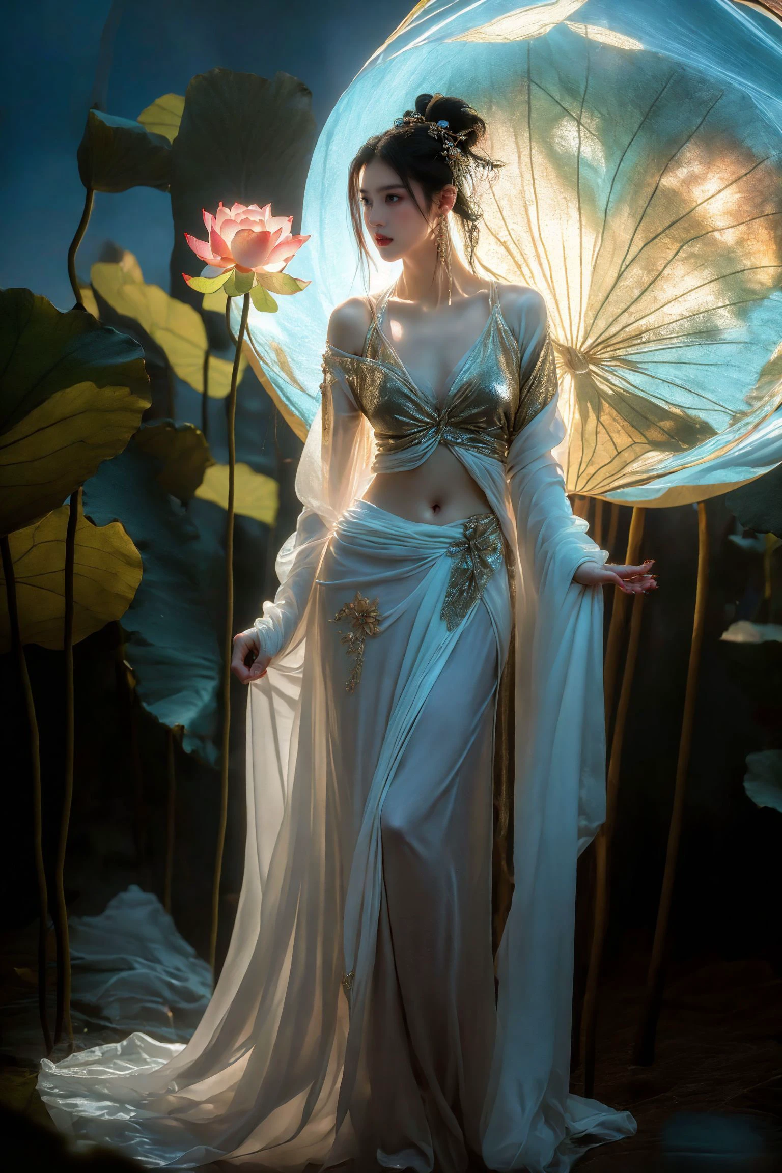 Symmetry:2，Axisymmetric:2，front view，Symmetrical composition，light pink and light white shades,Full body female love,  White background, natural lighting, Light effect, minimalist, elegant, pure tenderness, soft light lighting, realistically. a woman is (clavicle, bshoulder,) placed in a (pray and stand) super giant lotus，Chinese ancient style lotus bra, lotus leaf long sleeves, belly button exposed, lotus leaf tights, pearl thong, lotus miniskirt，The petals are big and long (The petals are thin, soft gauze, Full background of flowing petals, floating petals, super flying petals, Mixed effect of smoke and petals),((perspective)).lotus_leaf_fairy，anatomically correct，((Best quality)), ((Masterpiece)), ((Realistic))