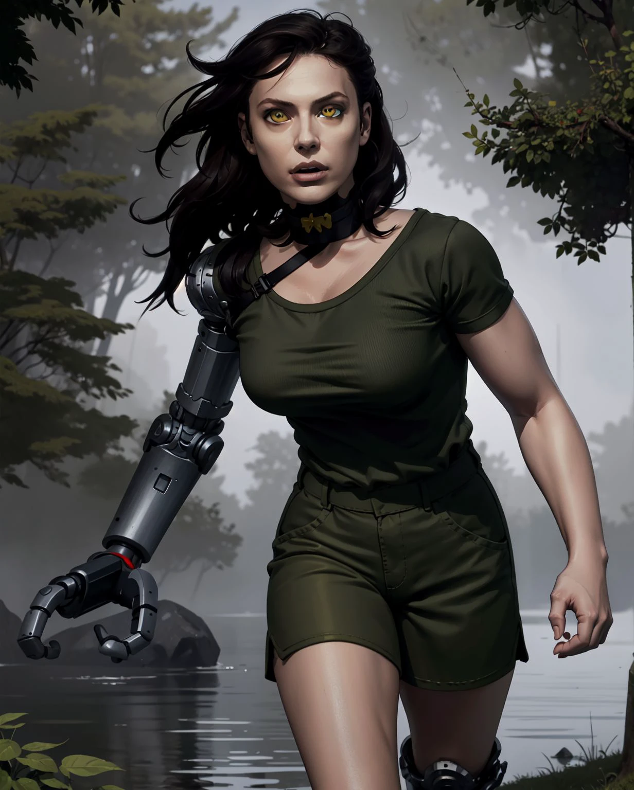 (masterpiece, best quality, high resolution:1.3), <lora:HandFineTuning:0.1>, <lora:ard3nSW10:0.7> ard3nSW, (yellow eyes:1.1), prosthesis, single bionic arm, choker, baggy t-shirt, khaki shorts, secluded foggy swamp