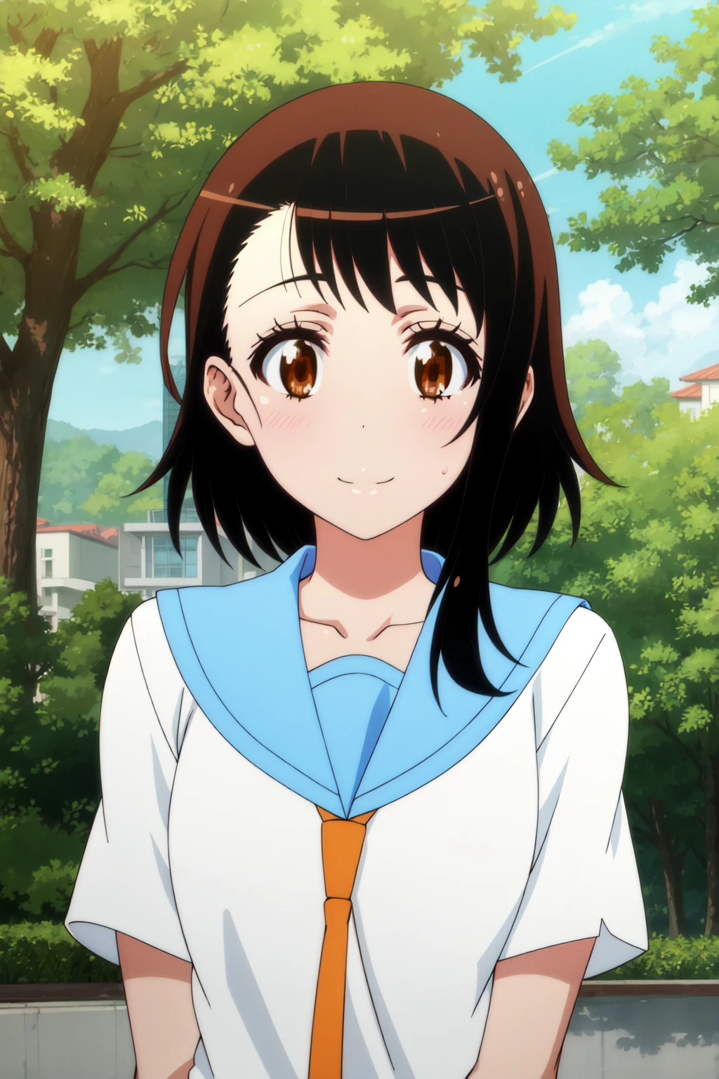 <lora:anime_screencap_v2:0.3> tall body, tall, long legs, mature female, mature, adult, <lora:GoodHands-beta2:1.4>
<lora:eft_nisekoi_ondera-02:1>, eft_nisekoi_ondera, 1girl, solo, school uniform, brown eyes, smile, blush, looking at viewer, serafuku, brown hair, day, outdoors, upper body, collarbone, tree, short hair