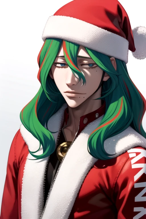 photorealistic, (4k), depth of field, (Masterpiece), (realistic skin texture), extremely detailed, intricate, hyper detailed, high resolution, professional photography, , depth of field, sharp detail, best quality, looking at viewer, 1boy, solo, male focus, <lora:yuusuke_makishima:0.94>, yuusuke_makishima, green hair, blue eyes, , , , hair between eyes, santa claus costume, steampunk, 2k resolution