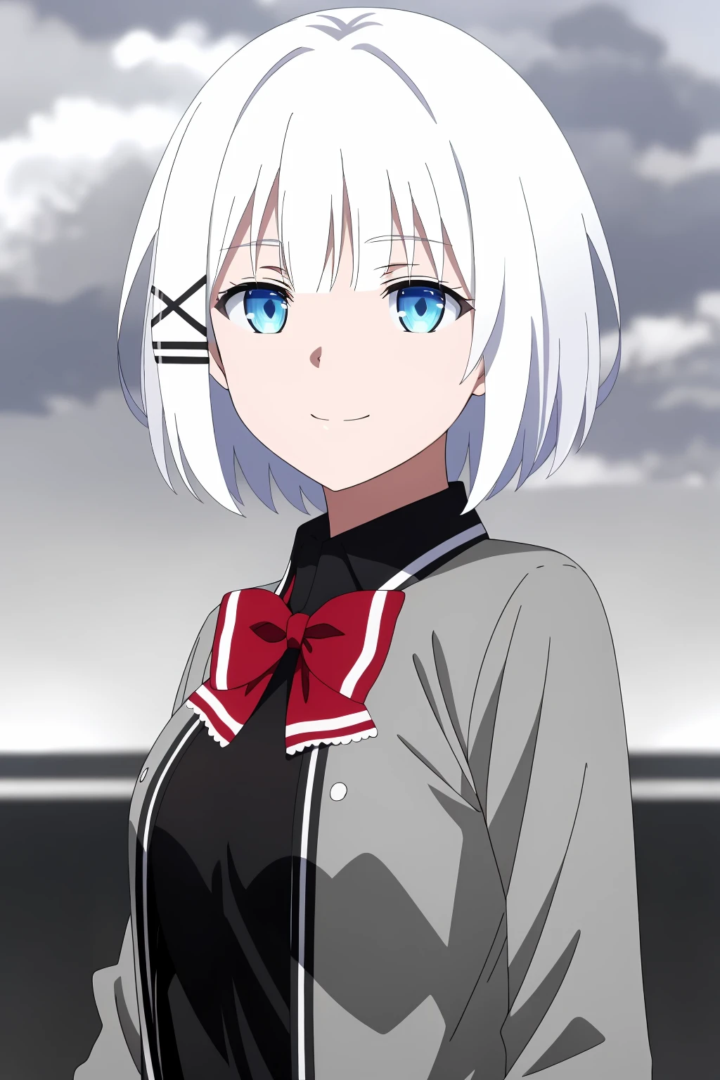 ((best quality)),((highly detailed)),masterpiece,absurdres,detailed face,beautiful face,(detailed eyes, deep eyes),1girl,((dynamic pose)) , <lora:SiestaV1:0.7>Siesta, solo, hair ornament, blue eyes, bow, short hair, red bow, smile, white hair, shirt, x hair ornament, upper body, bowtie, red bowtie, jacket, school uniform, hairclip, black shirt, closed mouth, bangs, collared shirt, breasts, grey jacket, cloud, grey background, cloudy sky, simple background, sky, medium breasts, open clothes, open jacket, portrait, blunt bangs, long sleeves, medium breast