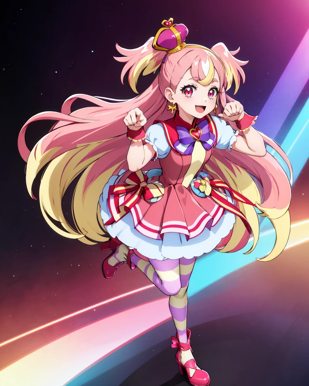 masterpiece, best quality, looking at viewer, depth of field, standing, full body, paw pose, dynamic pose, 
1girl, <lora:locon_cure_wonderful_v1:0.75>, cure wonderful, pink hair, two side up, striped thighhighs, red dress, petticoat, crown, hairband, puffy short sleeves, wrist cuffs, earrings, ribbon, open mouth, :3, multicolored hair, multicolored eyes, multicolored dress, very long hair, high heels, 
smile, lens flare, gradient background, vivid color,