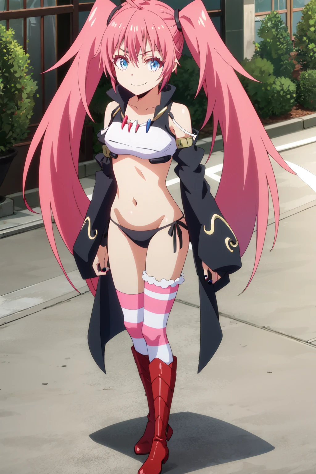 1Woman、(Milim Nava of Tensura), When reincarnated, I was a slime character(naked girl）、masterpiece、superior quality、accurate、animesque、child Demon King、Aimei、beautiful and detailed blue eyes、pink hair、(tail twin, embarrassed, devilish smile, seductive smile), very short black bikini、medium breasts、True to the original、((barefoot)), (muscular belly), ((beautiful muscular legs)), ((thick legs)), in city ​​completely destroyed, the sky is red, (((standing))), ((full body photo looking at me)))