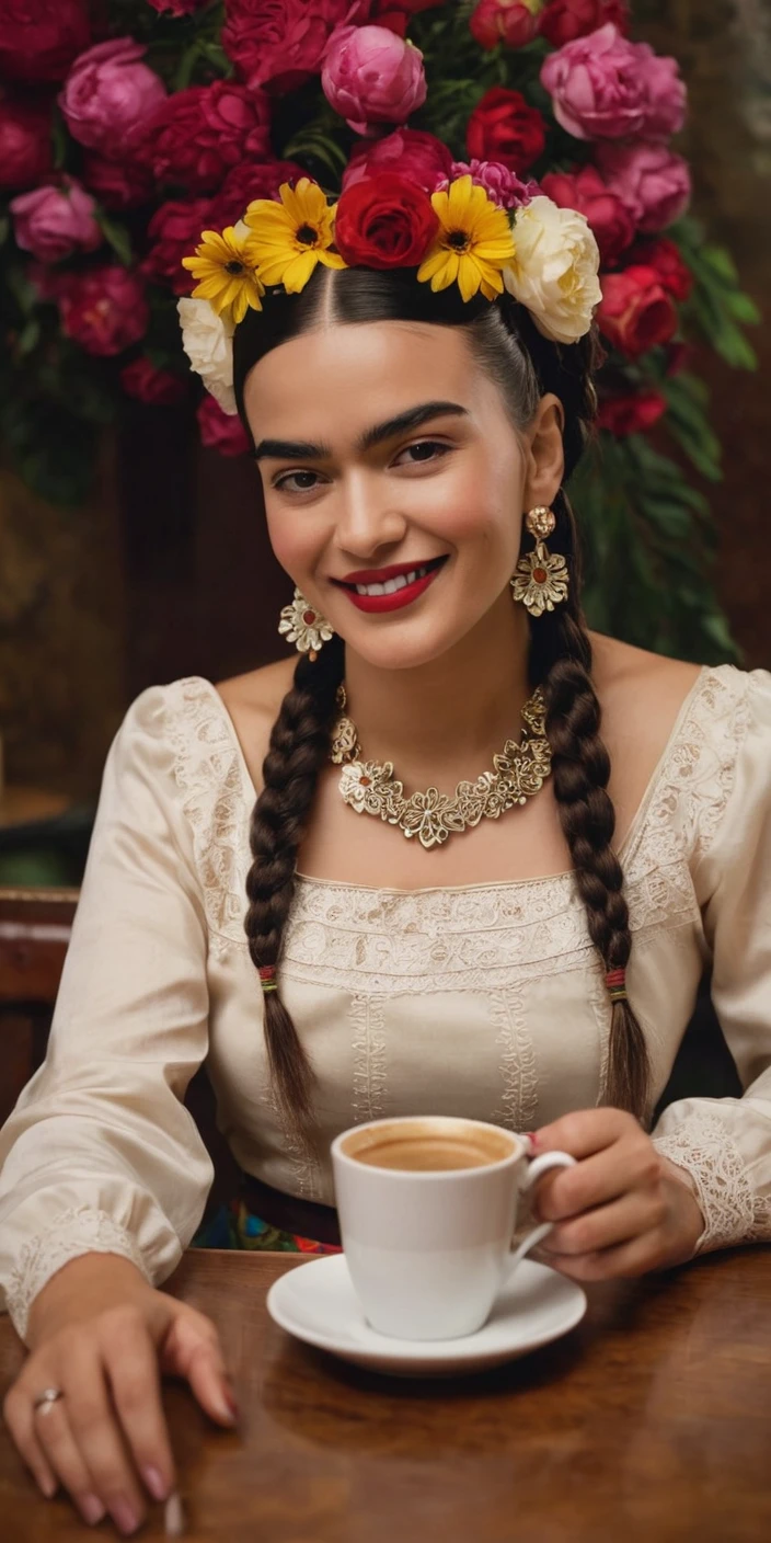 frida kahlo,hair ornament ,drinking coffer,elegant coffee shop,(((happy smile:1,flowers))),<lora:Detail Slider V2 By Stable.safetensors :1.0>,<lora:Frida_Kahlo_by_DevDope-000009.safetensors :1.0>