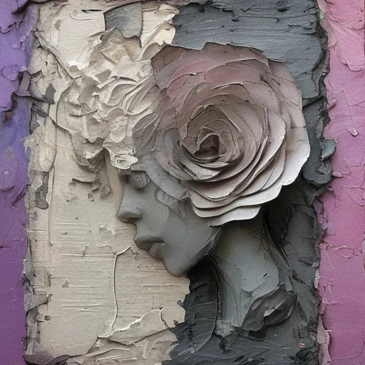 <lora:artfullyparched-v1-000014:1>,
old papert,aerial view,carved books,cracked,distressed edges,dreamy and romantic compositions,fine lines,in the style of broad palette knife marks,in the style of pale palette,in the style of rustic texture,letterboxing,organic sculpting,raw versus finished,rectangular fields,torn,whitewashed narratives,tarot art with flower carvings,apocalypse art,concept art,detailed rendering,dramatic,embossed paper,installation creator,light silver and light purple,light gray and magenta,neo-concrete art,this piece of art looks like a painted face,book art installations,dark white and light violet,daydreampunk,detailed textures,text-based mixed media,layered stencil work,in the style of floral surrealism,