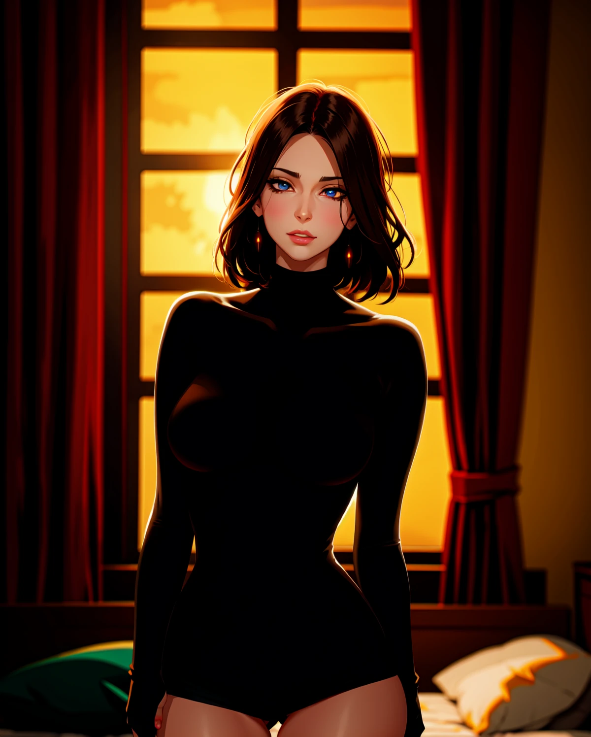 ((adult:1.3), (mature:1.2), (MILF:1.1)), (tall, tight, thick thighs, small breast, seductive expression, seductive face, detailed eyes), staring at viewer, oversize turtleneck, knit sweater, indoor, messy room, night, (black hair), (standing), side view, candid, bokeh, toned BREAK masterpiece, (best quality), (ultra detailed), very dim and gloomy lighting, best quality, ultra-detailed, detailed background, highlights, BREAK volumetric lighting, (long face), (sharp eyes), dramatic lighting,