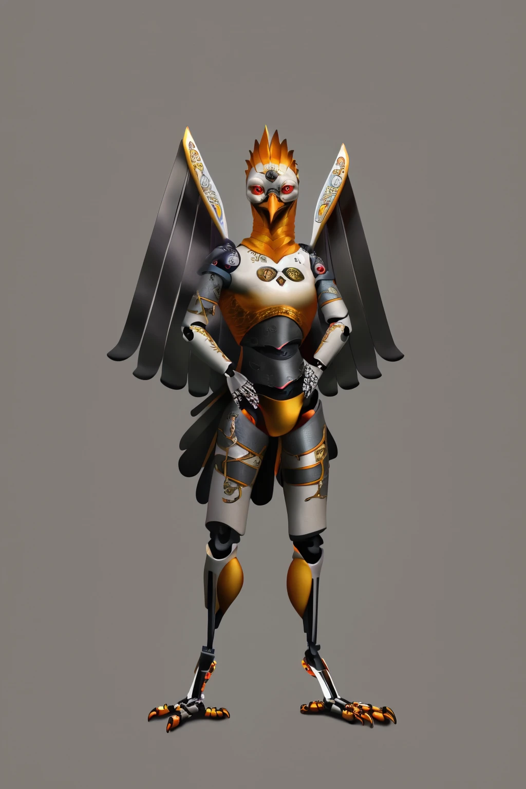 hi res, digital media (artwork), 1girl, philomela, gold feathers, red eyes, android, anthroid, automaton, avian, clockwork, cyborg, hands on hips, full body, mechanical wings, robot, looking at viewer, solo, simple background <lora:Philomela_FluffyRock:1>