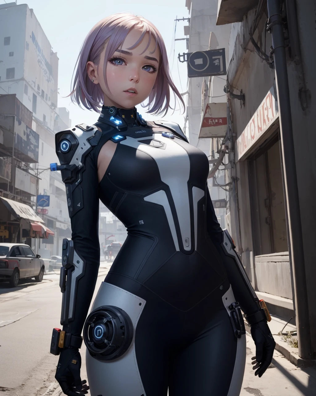 best quality,masterpiece,highly detailed,ultra-detailed, <lora:neg4all_bdsqlsz_V3.5:-1>,1girl,   <lora:cartoonisationer-21st_ce:1.75>, 1girl, A cyborg donning a high-tech exoskeleton with a sleek, jet-black finish and illuminated Tron-like patterns. The synthetic skin seamlessly blends with the metallic components, creating a visually captivating appearance. The clothing is composed of adaptive, stealth-oriented materials with minimalistic design elements, enhancing the cyborg's covert and sophisticated aesthetic. The hair is styled in a sharp, angular cut, complementing the overall sleek and high-tech look.  mechanical arms,  mecha musume, impossible clothes,  mechanical parts, gameplay mechanics,    Moderate breasts ,,  narrow waist, Half-Shaved Head with Neon Streaks - Pink and Purple    , fantastic details full face, dot nose,detailed Winged eyes, gold iris, thin eyebrows, golden yellow beautiful Detailed Eyes,    lips at  in Cyberpunk 2077 ,The Badlands, a harsh and unforgiving desert landscape outside the city limits. It's filled with dangerous gangs and bandits, and the environment is hostile to human life.  , extremely detailed eyes, fantastic details full face