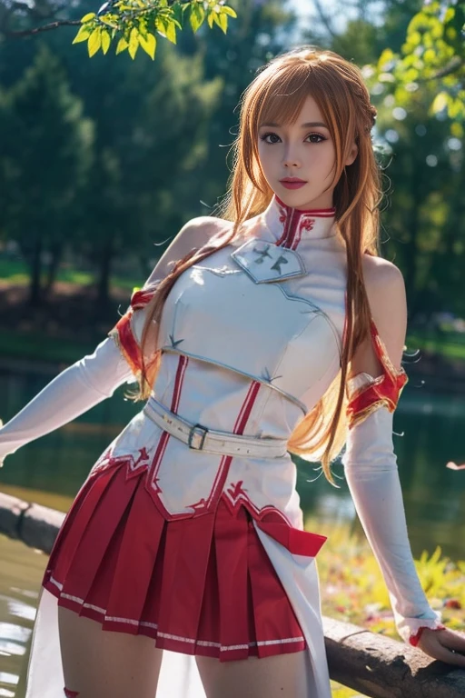 ltra-detailed,highly detailed,best quality,masterpiece,illustration,realistic,photorealistic,
yuuki asuna, 1girl, solo, cosplay,
breastplate, armor, skirt, bare shoulders, detached sleeves, gloves, belt,
long hair, blonde hair, braid, bangs,
cowboy shot, looking at viewer,
outdoors, river,riverbank, water, grass, sky, falling petals,
<lora:yuuki asuna_v3_06:0.8>