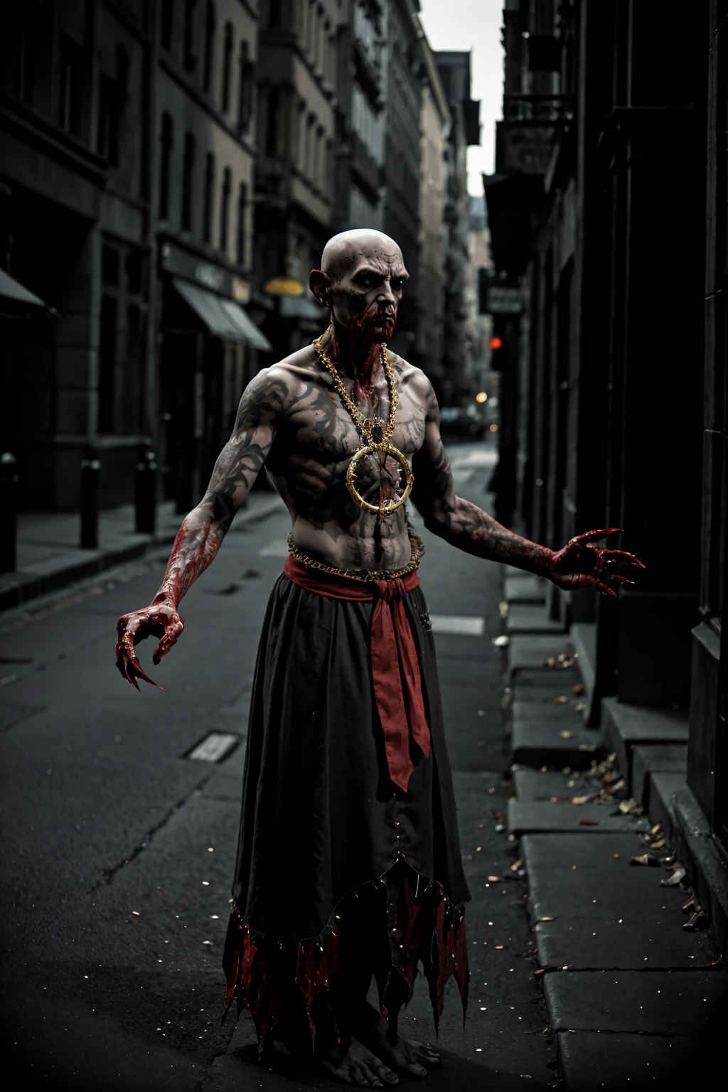 gothic style ((Full-Length Shot)),(best quality, high quality, sharp focus:1.4), monster on street, realistic ,masterpiece, <lora:uns33nng:.7> blood uns33nng . dark, mysterious, haunting, dramatic, ornate, detailed