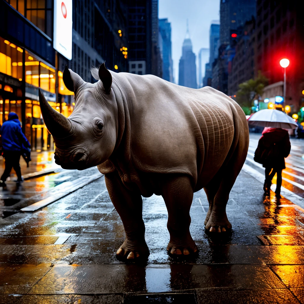 a realistic picture of a rhino standing on a wet sidewalk, nyc in the night time rain, low shot